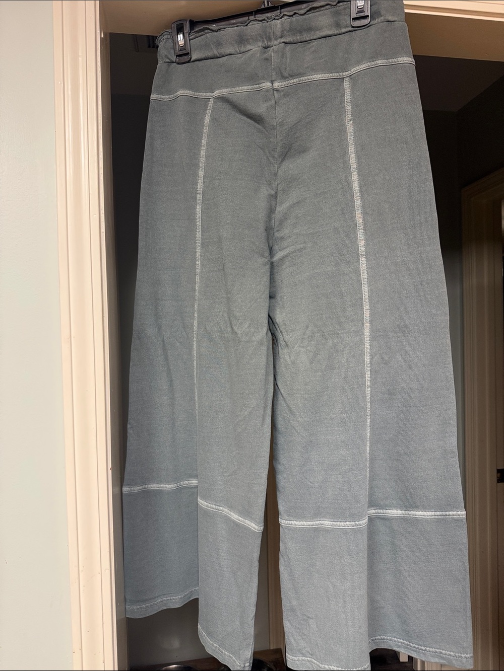 Zenana French Terry Washed Exposed Seam Wide Leg Pants in Light Olive - Picture 2 of 3